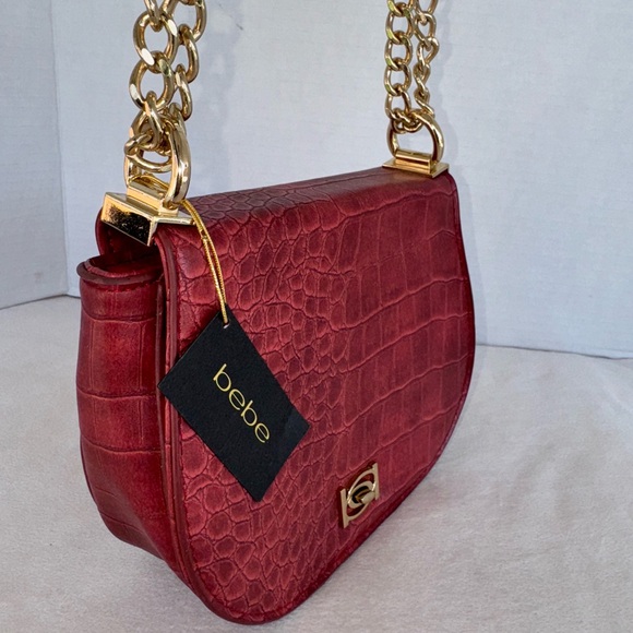 New Bebe Michelle Mini Saddle Red Croc-Embossed Chain Shoulder Bag-New With Tags - Picture 3 of 16